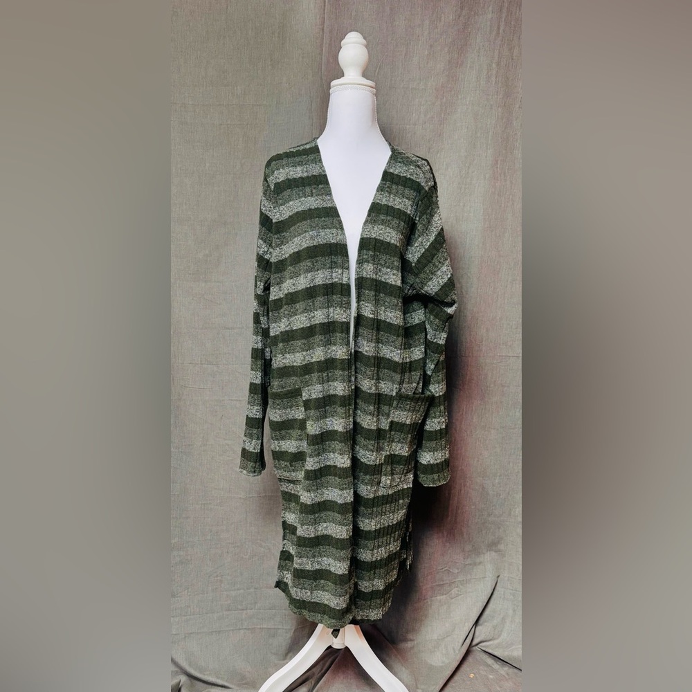 1 clique Olive Green Long Striped Women's Sweater Cardigan, Size: 3X, NWOT